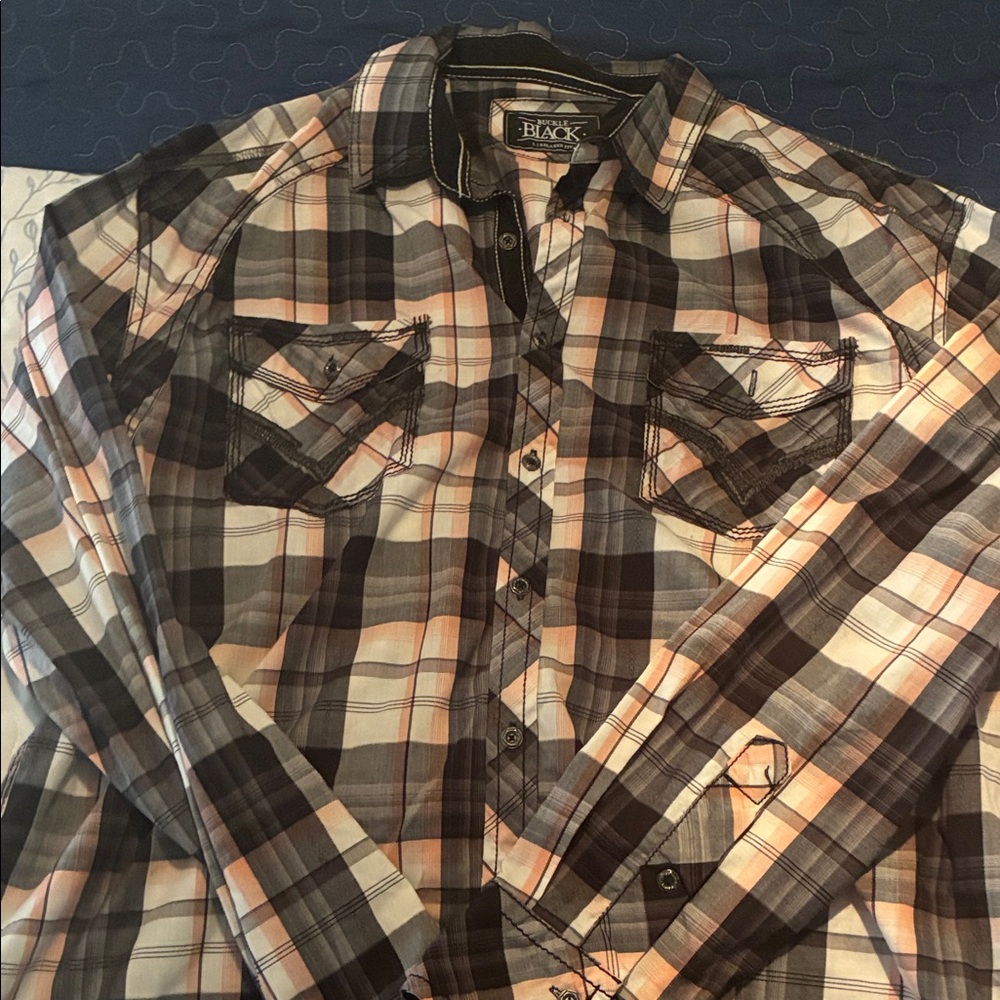 Buckle Black and Orange Plaid Men's Shirt
